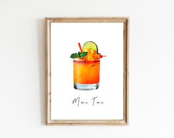 Mai Tai Watercolor Print, Digital Print, Instant Download