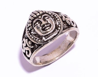 Statement Ring Promise Ring Gold Plated Brass Ring Garnet Ring Wide Band Ring Handmade Ring Buddhist Ring Buddha Face Ring