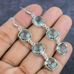 Green Amethyst Earrings, 925 Sterling Silver Gemstone Hook Earrings, Dangle Amethyst Earrings, Handmade Earrings, 3 Stone Earrings For Women