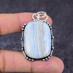 Natural Blue Lace Agate Pendant Necklace, 925 Sterling Silver Handmade lace Agate Pendant, Handmade Agate Jewelry, Christmas Gift For Her