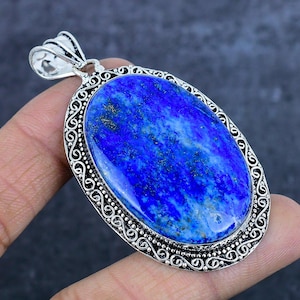 Natural Lapis Lazuli Pendant, 925 Sterling Silver Gemstone Pendant Necklace, Handmade Silver Oval Lapis Lazuli Pendant, Gift For Her-Him