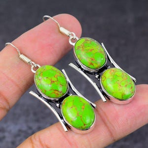Natural Green Copper Turquoise Earrings, Handmade Silver Earring, 925 Sterling Silver, Oval Turquoise Earrings, Dangle Earrings For Women
