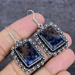 Natural Sodalite Earrings, Minimalist Sodalite Gemstone Earrings, 925 Sterling Silver Dangle Earrings, Anniversary Gift, Sodalite Jewelry