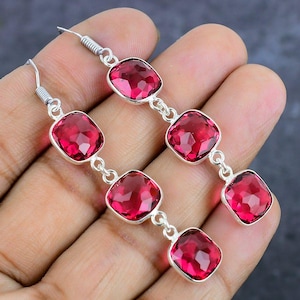 Pink Rubellite Earrings, Pink Tourmaline 3 Stone Earrings, Dangle Earrings, Cushion Rubellite Earrings, Pink Stone Earrings For Women-Girls