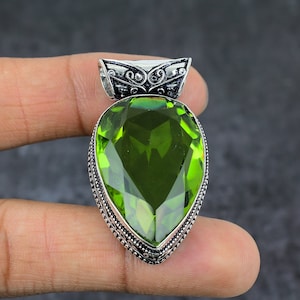 Green Peridot Pendant Necklace, 925 Sterling Silver Gemstone Pendant, Pear Cut Peridot Handmade Pendant, Peridot Jewelry, Gift For Her-Him