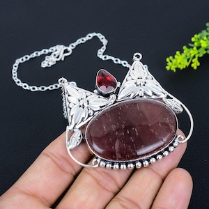 Strawberry Quartz Necklace, Oval Strawberry Quartz Gemstone Silver Chain Necklace, Garnet Necklace, Adjustable Necklace, Anniversary Gift