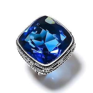 London Blue Topaz Ring, Cushion Cut Topaz Gemstone Ring, 925 Sterling Silver Ring For Women-Men, Wedding Ring, Topaz Jewelry Blue Stone Ring