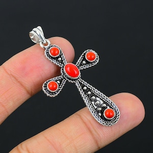 Echte rode koraal hanger ketting, zilveren ketting kruis hanger, 925 sterlingzilveren edelsteen hanger, handgemaakte zilveren koraal sieraden voor haar