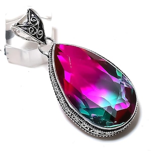 Bi-Color Tourmaline Pendant Necklace, Boho Silver Pendant, 925 Sterling Silver Gemstone Jewelry, Wedding Gift For Her, Tourmaline Jewelry