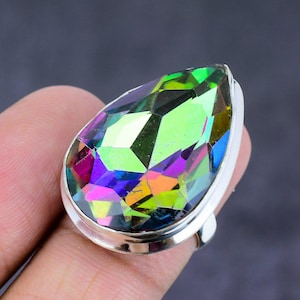 Mercury Mystic Topaz Ring, 925 Sterling Silver Gemstone Ring, Handmade Silver Pear Cut Topaz Ring, Rainbow Mystic Topaz Ring For Her-Him