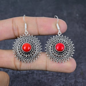 Red Coral Earrings, 925 Sterling Silver Earrings, Round Shape Coral Earrings, Red Stone Earrings, Dangle Earrings, Coral Jewelry For Women