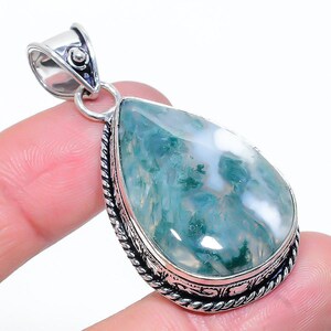 Natural Moss Agate Pendant, Pendant Necklace,925 Sterling Silver Gemstone Pendant, Boho Pendant Handmade Jewelry, Pear Agate Pendant For Her