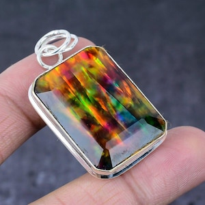 Ammolite Pendant Necklace, 925 Sterling Silver Gemstone Pendant, Handmade Silver Canadian Ammolite Pendant, Anniversary Gift For Her-Him