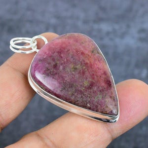 Natural Rhodonite Pendant Necklace, 925 Sterling Silver Gemstone Pendant, Pear Rhodonite Handmade Silver Jewelry, Wedding Gift For Her-Him