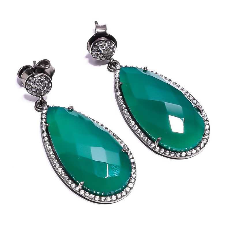 Green Onyx /& Cubic Zircon Beautiful Victorian Style,Pave Jewelry 925 Solid Sterling Silver,Fine Jewelry Earrings 1.8 Weight-13.78 gm PJ-237