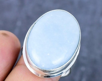 Handmade Oval Angelite Ring, 925 Sterling Silver, Engagement Ring