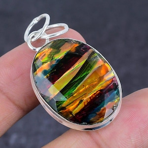 Ammolite Pendant Necklace, 925 Sterling Silver Gemstone Pendant, Oval Ammolite Pendant, Silver Chain Pendant, Christmas Gift For Her-Him