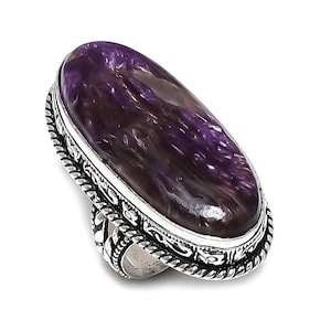Genuine Russian Charoite Ring, 925 Sterling Silver Gemstone Ring, Charoite Jewelry, Handmade Silver Oval Charoite Ring, Purple Stone Ring