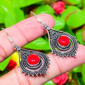 Italian Red Coral Earrings, 925 Sterling Silver Gemstone Earrings, Round Coral Handmade Earrings, Birthday Gift, Dangle Earrings For Women