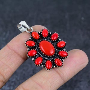 Genuine Red Coral Pendant Necklace, Handmade Silver Flower Shape Coral Pendant, 925 Sterling Silver Gemstone Pendant, Christmas Gift For Her