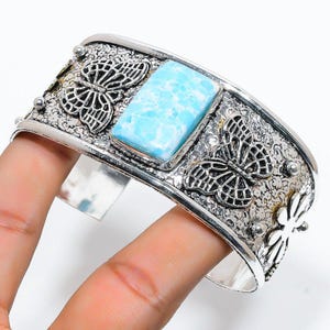 Natural Larimar Gemstone Cuff Bracelet - 925 Sterling Silver Cushion Shape Larimar Bangle Bracelet, Larimar Bracelet, Birthday Gift For Her