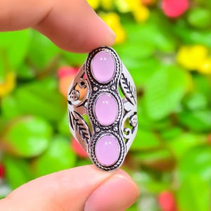 Natural Pink Chalcedony Ring, Handmade Oval Pink Chalcedony Ring, 925 Sterling Silver Gemstone Ring, 3 Stone Ring, Christmas Gift For Her