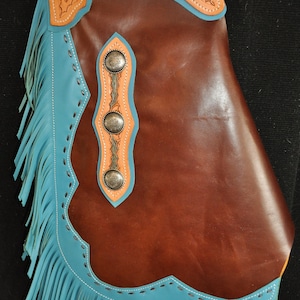 Custom Made Leather Chinks/Turquoise Floral/ New Chaps/R Bar K