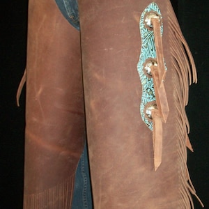 Custom Made Leather Chinks/New Chaps/Distressed/ Turquoise/R Bar K