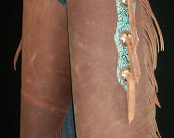 Custom Made Leather Chinks/New Chaps/Distressed/ Turquoise/R Bar K