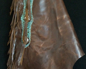 Custom Made Leather Chinks/New Chaps/Distressed/ Turquoise/R Bar K