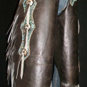 Custom Made Leather Chinks/New Chaps/Distressed/ Turquoise/R Bar K