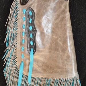 Custom Made Leather Chinks/New Chaps/ Distressed/Turquoise/R Bar K