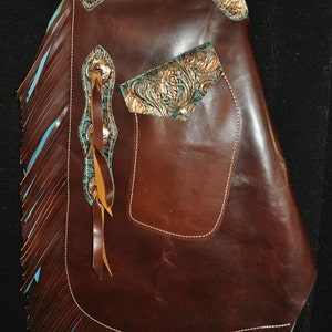 Custom Made Leather Chinks/New Chaps/Distressed/ Turquoise/R Bar K