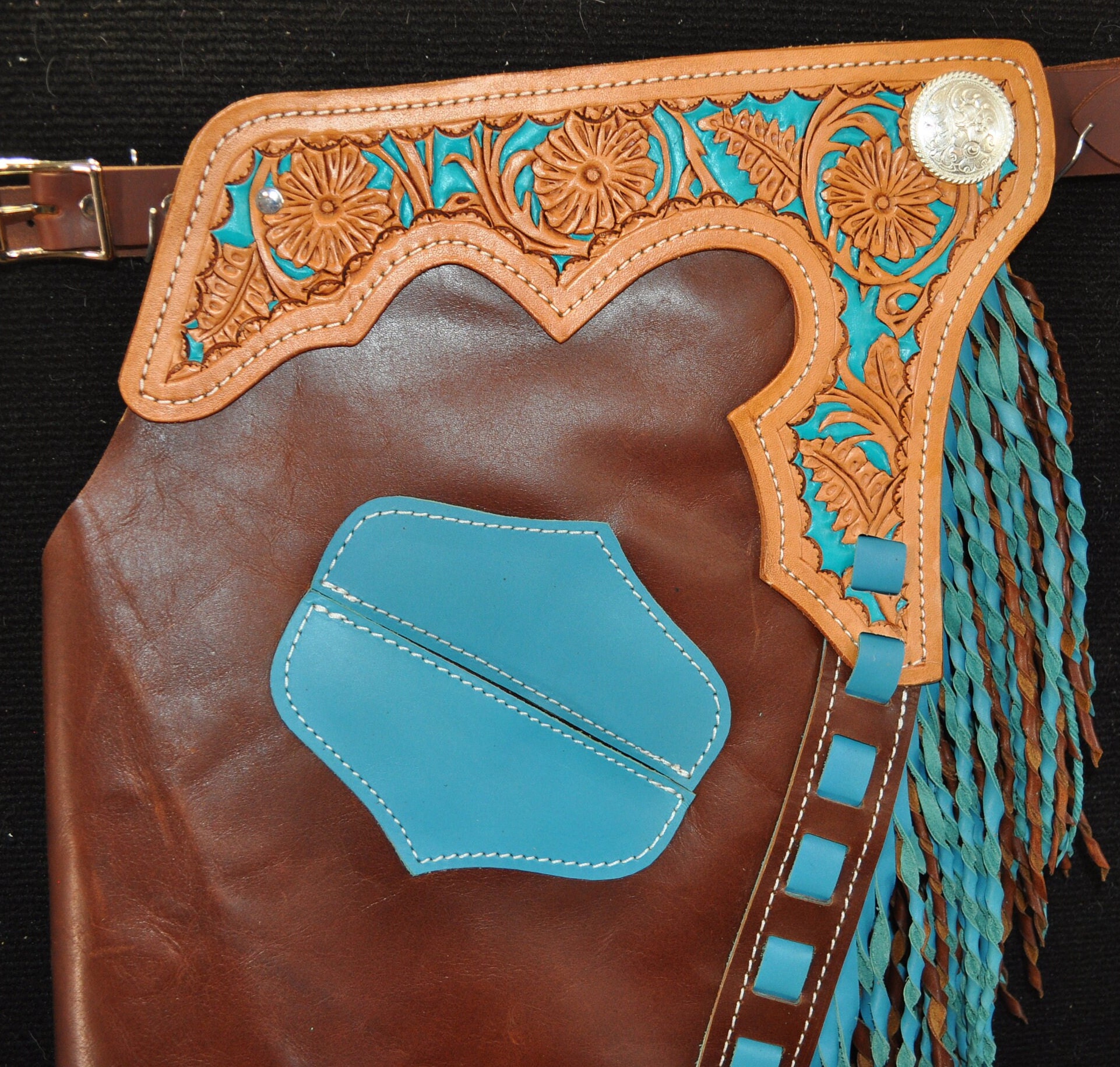 Showman Dark Brown Suede Leather Chinks With Turquoise Buckstitch – Unisex Adult