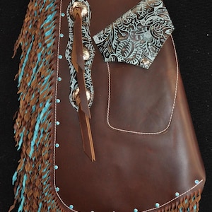 Custom Made Leather Chinks/New Chaps/Distressed/ Turquoise/R Bar K