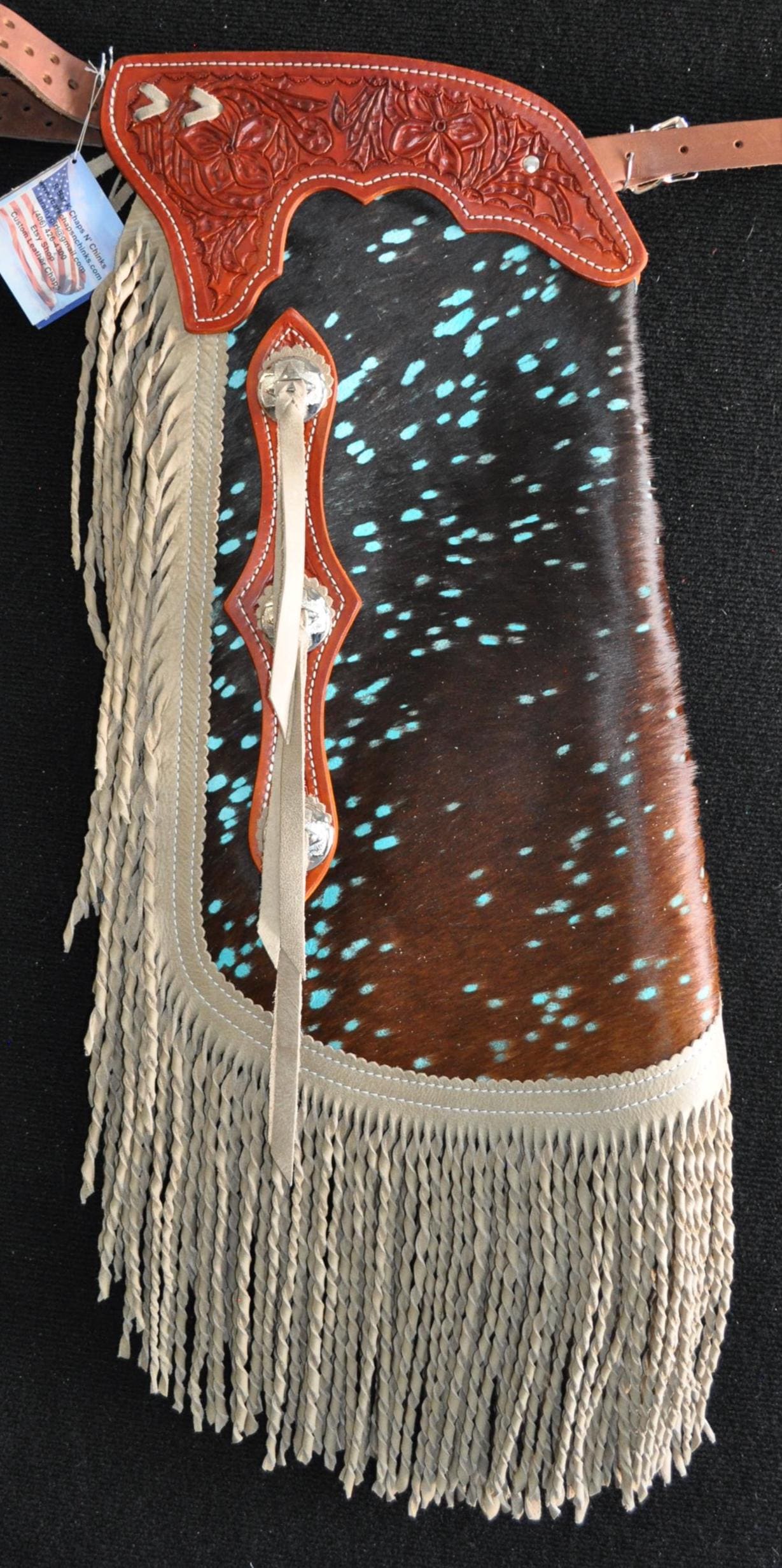 Custom Made Leather Chinks/New Chaps/ Hair On Cowhide/Acid Wash Turquoise/R Bar K