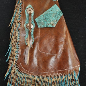 Custom Made Leather Chinks/New Chaps/Distressed/ Turquoise/R Bar K
