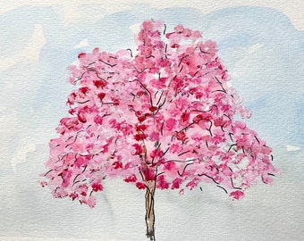 Petit tableau original, petit tableau, arbre en fleurs rose,