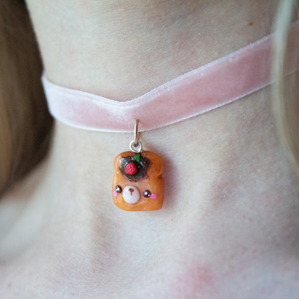 Kawaii Toast, Bear, Velvet Choker, Polymer Clay, Cute Toast Choker