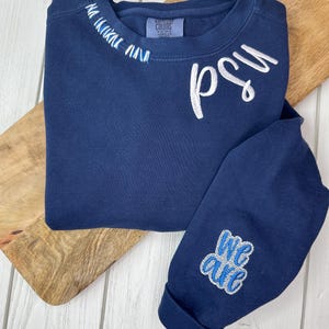 TRUE NAVY CUSTOM Embroidery Hand Stitch Sweatshirt Distressed Vintage Custom Pullover Embroidery Sport Fan Team Apparel Preppy College Merch