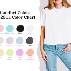 May include: Color chart for Comfort Colors 3023CL t-shirts. The chart shows 12 different colors, including Peachy, Chalky Mint, Black, White, Ivory, Orchid, Chambray, Pepper, Butter, Neon Lemon, Neon Violet, and Neon Cantaloupe.