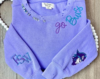 Personalized Embroidered College Team Sweatshirt: Distressed Comfort Colors Crewneck
