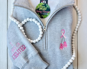 Kick Cancer Ass-Cancer Awareness-I am a Fighter-Beat Cancer Boxing Gloves-Color Ribbon for Cancer/Pinktober Pink-Quarter Zip Up Sweatshirt