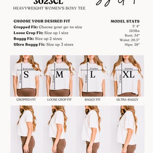 May include: Size guide for a heavyweight women's boxy tee, showing the fit of the shirt in different sizes: cropped, loose crop, baggy, and ultra-baggy. The model is 5'4" and 120 lbs, wearing a white tee in each size. The measurements of each size are listed in inches.