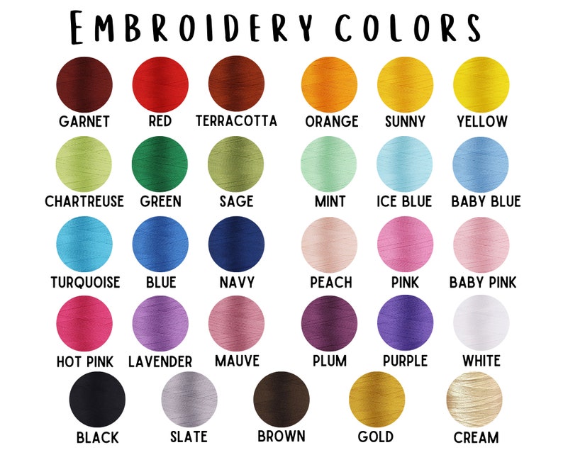 May include: A chart of embroidery floss colors with names for each color. The colors include garnet, red, terracotta, orange, sunny yellow, chartreuse, green, sage, mint, ice blue, baby blue, turquoise, blue, navy, peach, pink, baby pink, hot pink, lavender, mauve, plum, purple, white, black, slate, brown, gold, and cream.