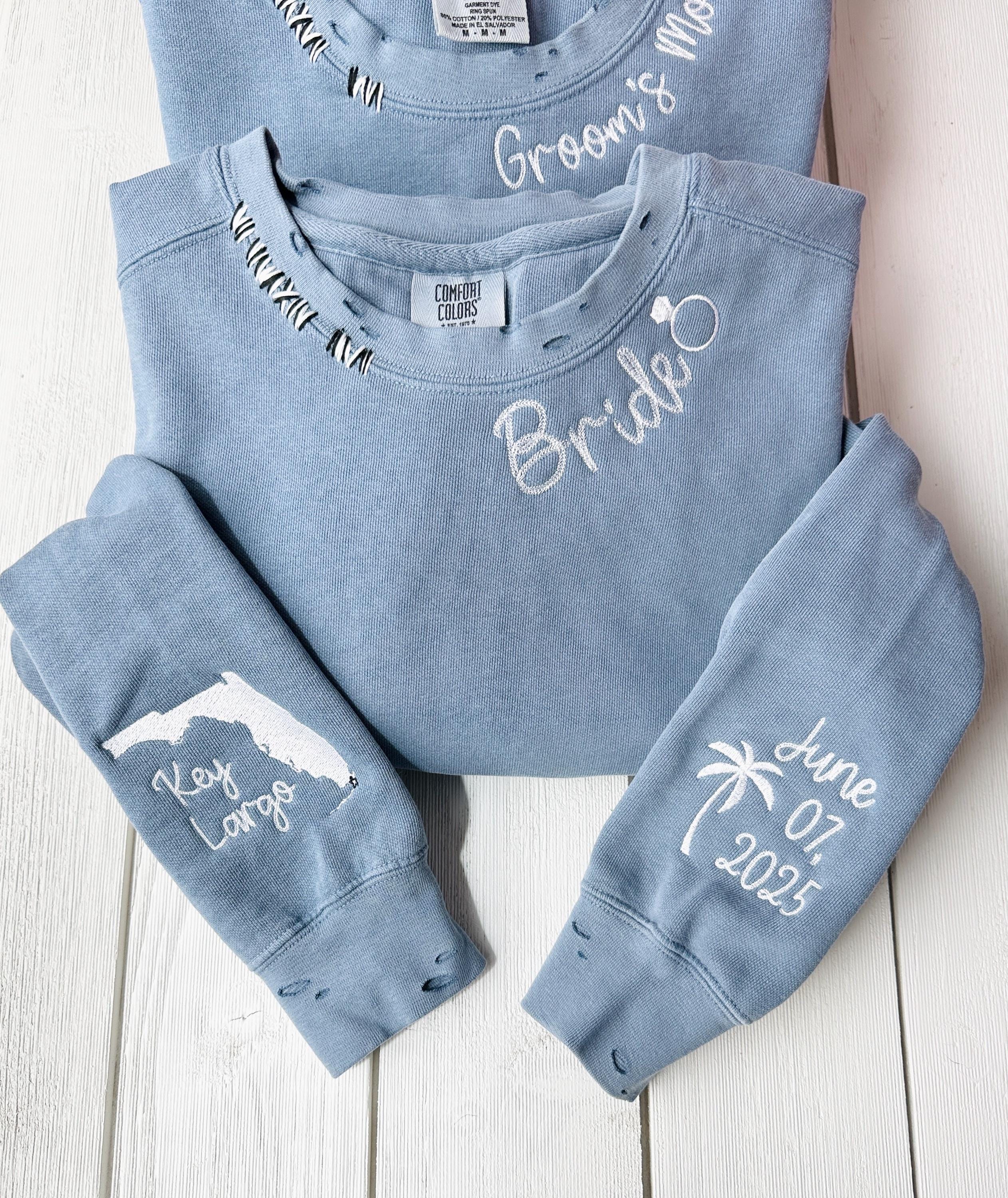 Custom Distressed Comfort Colors Sweatshirt: Hand-Embroidered College Team Spirit