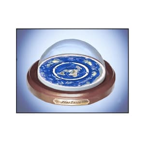 May include: A novelty snow globe featuring a flat earth design. The globe has a clear, domed top and a wooden base. The flat earth map is blue with white continents and is encased in a glass dome. The base has the words "Flat Earth" on it.