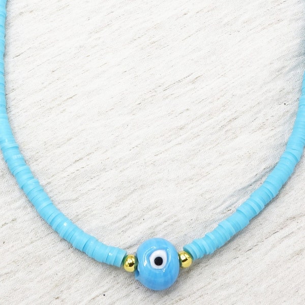 Evil Eye Surf Choker Collier - Collier de perles Fimo en argile polymère - Heishi Bead Boho Summer Jewelry - Beach Hippie Funky Handmade Jewellery