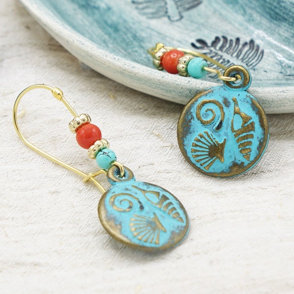 Boho Dangle Earrings - Turquoise Earrings - Ethnic Earrings - Rustic Earrings - Shell Earrings - Antique Summer Bohemian Jewelry