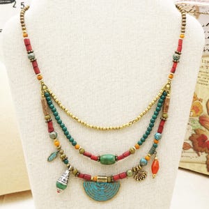 Boho Beaded Festival Necklace - Triple Layered Necklace - Tribal Turquoise Necklace -Handmade Jewellery - Gift for Women -Eclectic jewelry